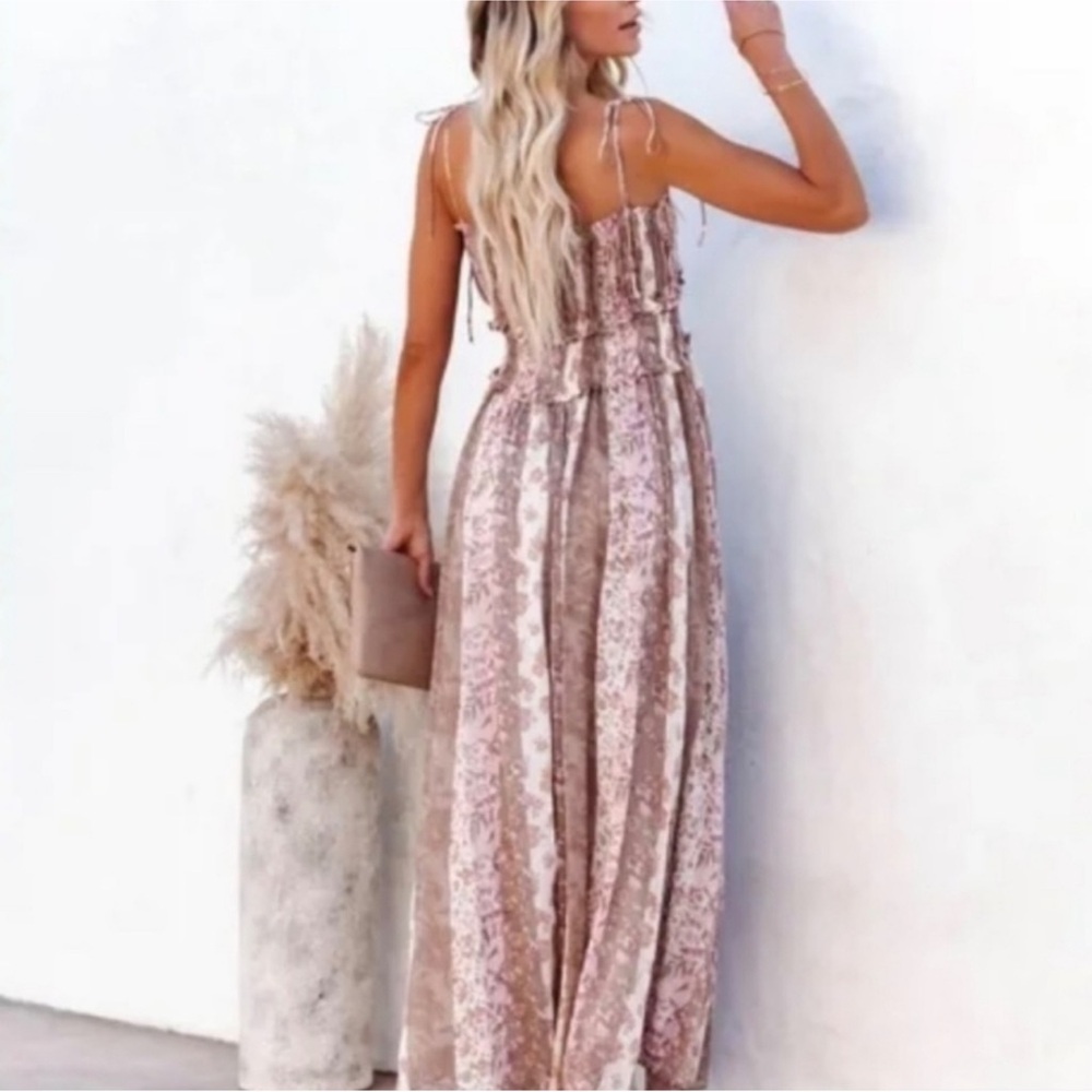 ❤️Sold❤️ Vici Collection Pink Tan Print Spaghetti Strap Flowy Maxi Dress - Picture 3 of 11